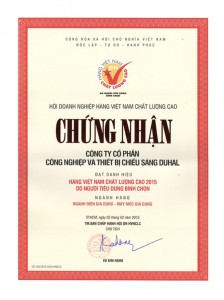 DUHAL đạt chứng nhận nhãn hiệu Hàng Việt Nam chất lượng cao năm 2015