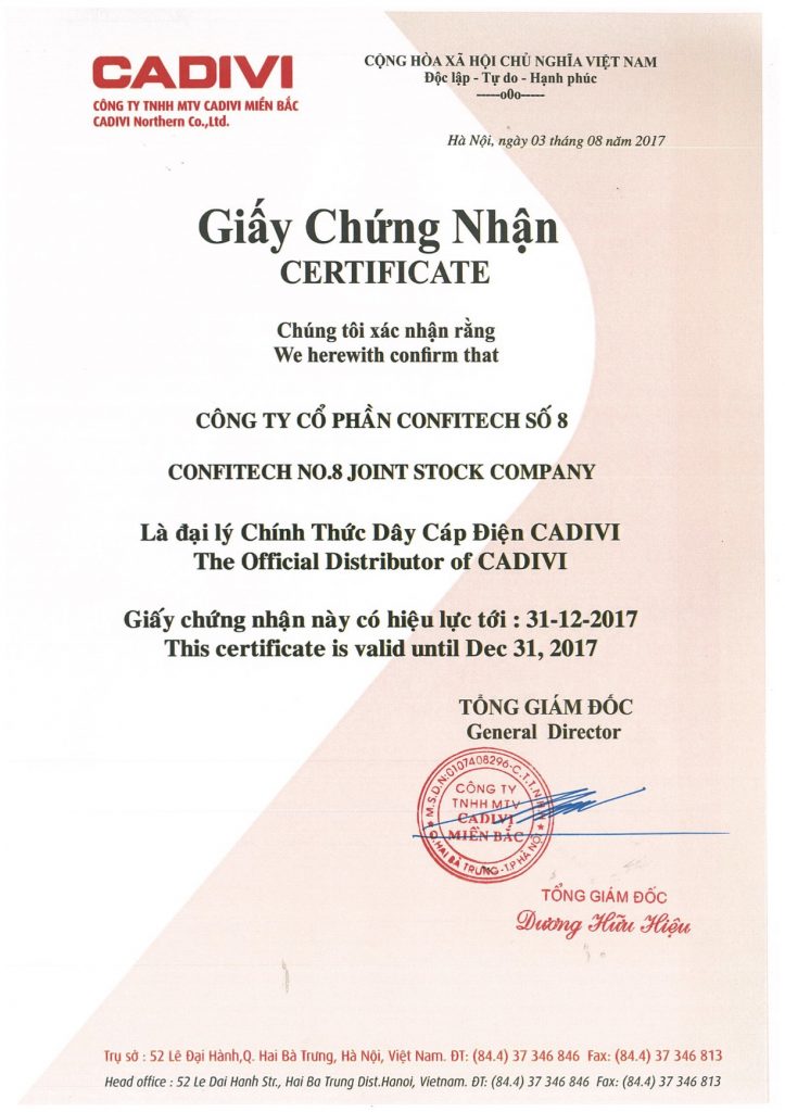 Chứng nhận đại lý CADIVI